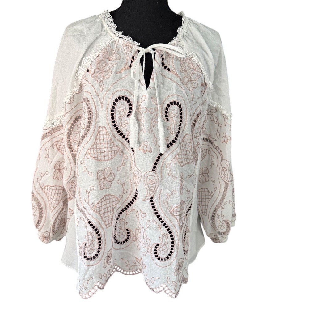 Cupio White Embroidered Peasant XL Boho Cottagecore‎ Balloon Sleeve Cotton Top